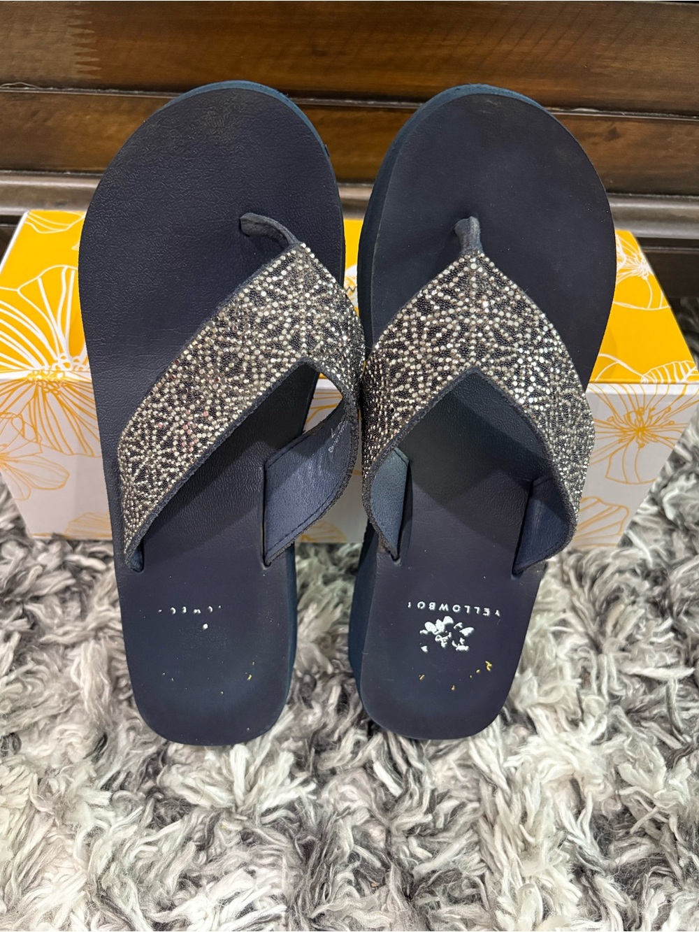 Yellow Box Dark Blue Glitter Embellished Flip Flop Sandals, Size 7 with Box